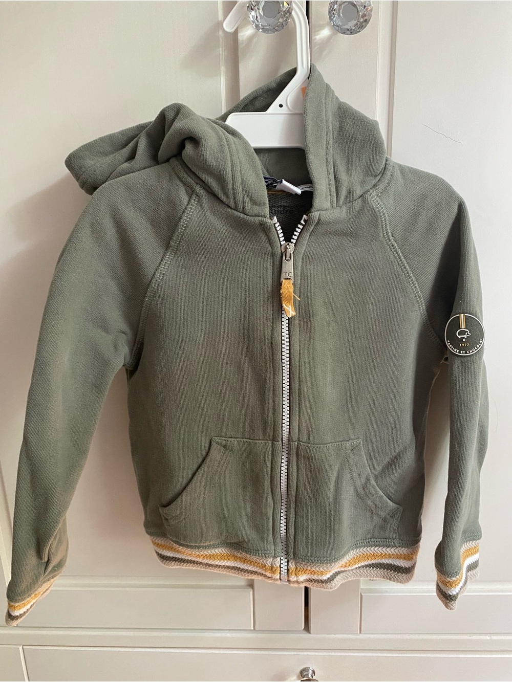 Tartine et Chocolat Olive Green Zip Hoodie with Yellow Trim